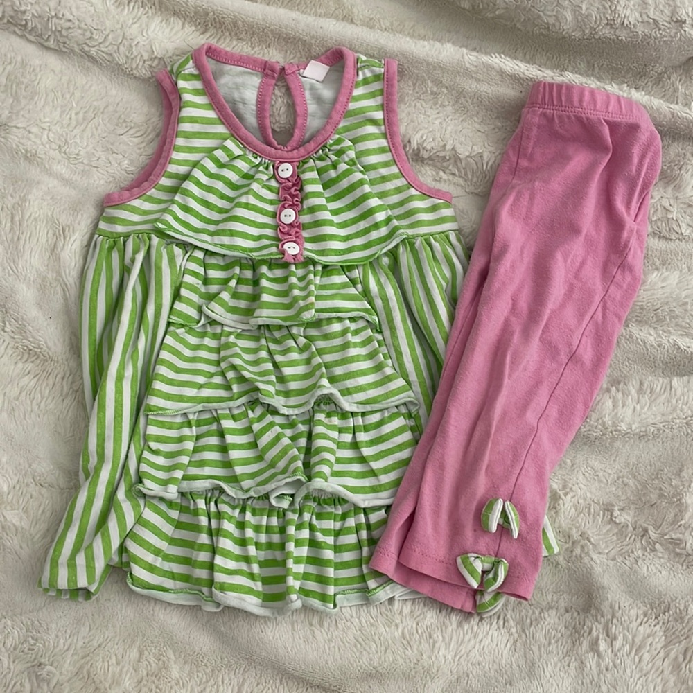LITTLE GIRL GREEN & PINK TOP & LEGGINGS MATCHING SET